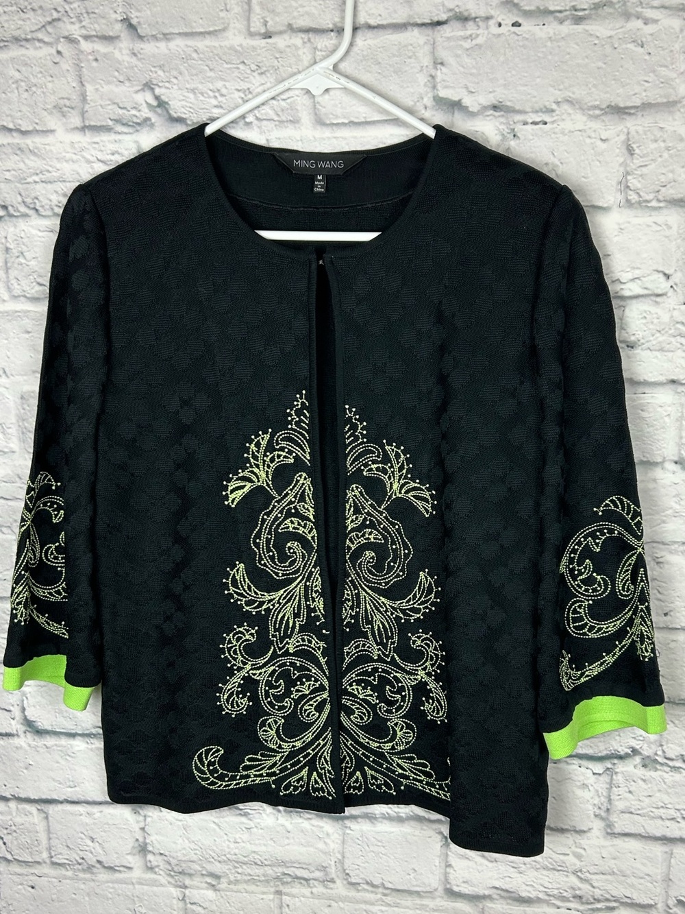 Ming Wang Black Green Embroidered Knit Cardigan Jacket Size M 3/4 Sleeve